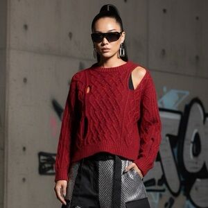 Cranberry Wool Blend Cable Knit Crewneck Sweater w/ Hole Detailing Size L